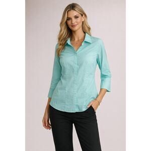 Croft and Barrow Stretch Button Front Shirt Womens Large Aqua Cotton Spandex